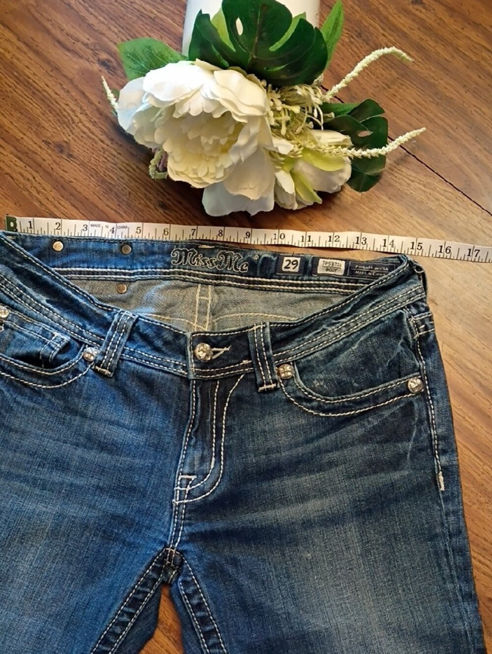 😍Miss Me Mid Blue Straight Leg Jeans with Embroidered Stud Pocket - Picture 7 of 14